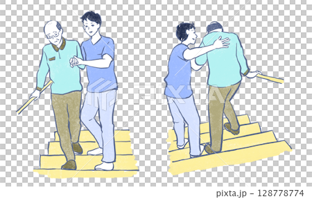 Welfare and nursing care: A young man helping a senior man down the stairs Welfare and nursing care: A young man helping a senior man down the stairs 128778774