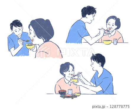福祉・介護:食事をするシニア女性と若い男性 福祉・介護:食事をするシニア女性と若い男性 128778775