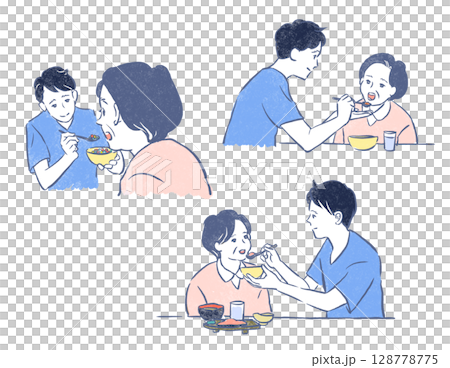 福利和護理：老年婦女和年輕男子吃飯 128778775