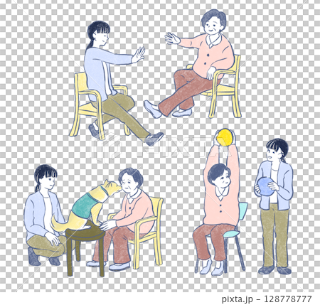 福祉・介護：シニア女性の運動やドッグセラピーを見守る若い女性 128778777