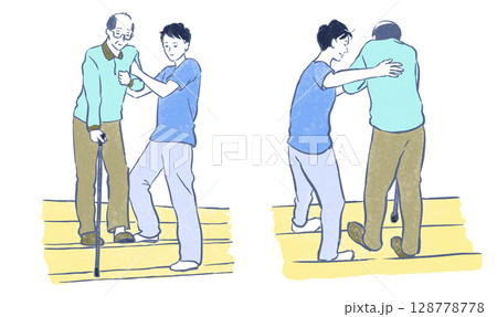 福祉・介護：階段をおりる杖をついたシニア男性をサポートする若い男性 128778778