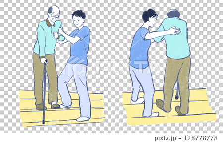 福利與照護:一名年輕男子協助一名拄著拐杖的老人下樓梯 福利與照護:一名年輕男子協助一名拄著拐杖的老人下樓梯 128778778