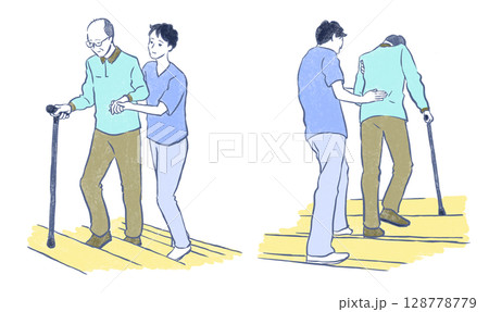 福祉・介護：階段をあがる杖をついたシニア男性をサポートする若い男性 128778779