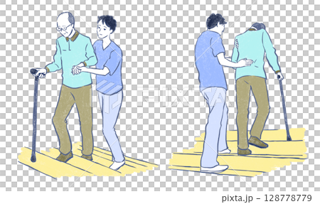 福利與照護：一名年輕男子扶著一名拄著拐杖的老人爬樓梯 128778779