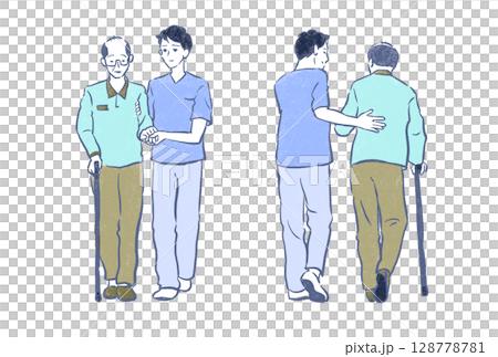 Welfare and nursing care: A young man supporting a senior man walking with a cane Welfare and nursing care: A young man supporting a senior man walking with a cane 128778781