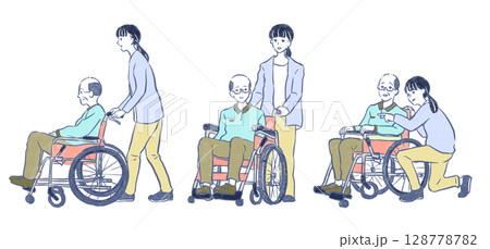 福祉・介護:シニア男性が乗った車椅子を押す若い女性 福祉・介護:シニア男性が乗った車椅子を押す若い女性 128778782