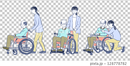 Welfare and nursing care: A young woman pushing a wheelchair carrying a senior man Welfare and nursing care: A young woman pushing a wheelchair carrying a senior man 128778782