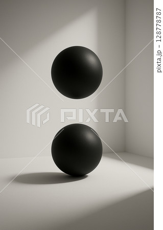 白い空間に垂直に並ぶシンプルな黒い球体 128778787