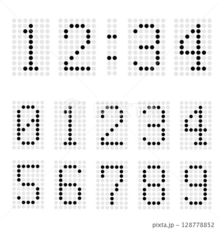 デジタル数字。白背景にスコアボード風の数字。時計の文字。 デジタル数字。白背景にスコアボード風の数字。時計の文字。 128778852