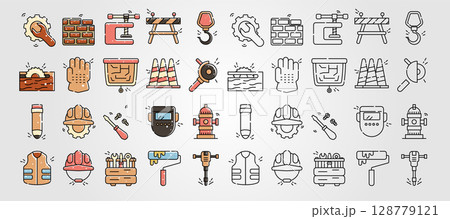set of Construction industry icons depict building engineering safety and maintenance equipment vital to the trade. set of Construction industry icons depict building engineering safety and maintenance equipment vital to the trade. 128779121