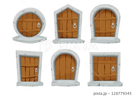 Set wood doors with stone decoration, arch in cartoon style isolated on white background. Fairy, mystery closed entrance, mediaeval element assets for ui games design. 128779345