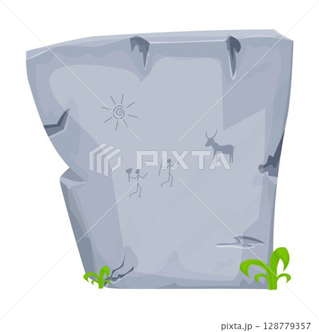 Stone age symbol big rock with ancient tribal caveman drawings in cartoon style isolated on white background. Hunting primitive objects. Decoration history element, textured and cracked. 128779357