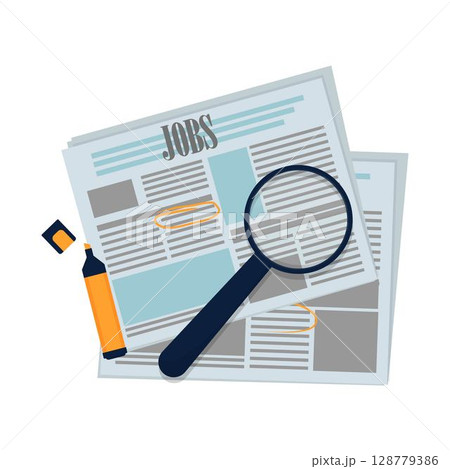 Newspaper for hiring, employment with magnifier Newspaper for hiring, employment with magnifier 128779386