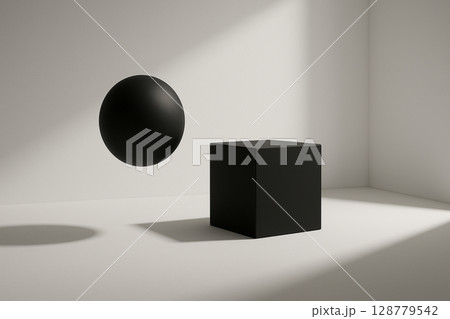 白い空間に配置されたシンプルな黒い球体と立方体 白い空間に配置されたシンプルな黒い球体と立方体 128779542