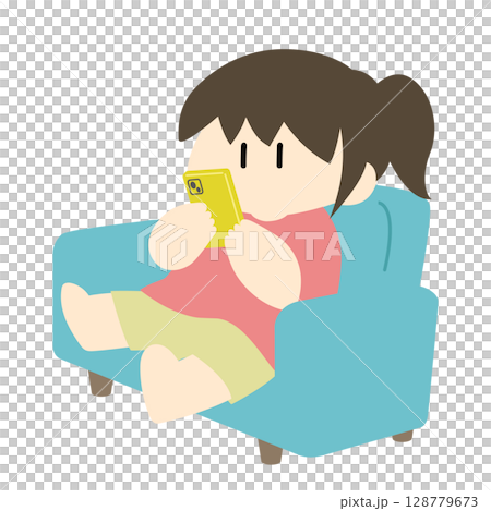 A woman sitting on a sofa and relaxing while looking at her smartphone A woman sitting on a sofa and relaxing while looking at her smartphone 128779673