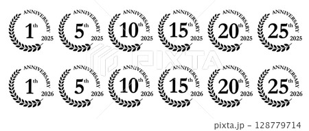 黒色の月桂冠アニバーサリーマークセット・1周年から25周年の記念バッジデザイン｜アニバーサリー,月桂 128779714
