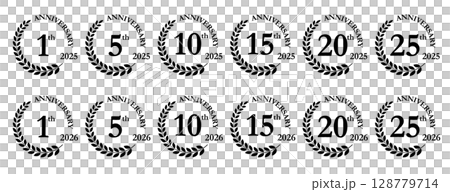 黒色の月桂冠アニバーサリーマークセット・1周年から25周年の記念バッジデザイン｜アニバーサリー,月桂 128779714