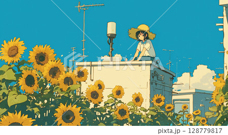 ひまわりの畑を散策している若い女性 128779817