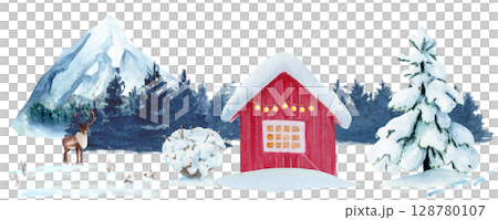Winter landscape with snowy mountains, pine trees, red cabin, reindeer, Christmas lights. Watercolor illustration ideal for holiday cards, winter decor, seasonal packaging, rustic Scandinavian designs Winter landscape with snowy mountains, pine trees, red cabin, reindeer, Christmas lights. Watercolor illustration ideal for holiday cards, winter decor, seasonal packaging, rustic Scandinavian designs 128780107