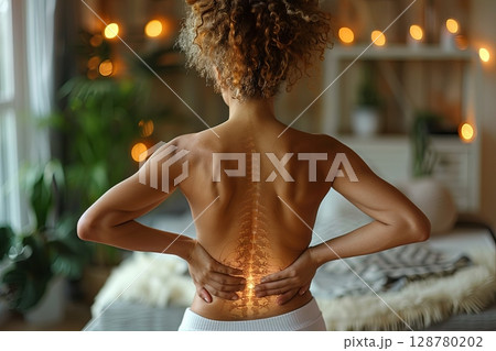 Woman Touching Painful Spine With Glowing Illustration 128780202