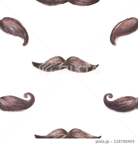 Moustache seamless pattern. Hand-painted watercolor illustration of facial hair isolated on white background for men cosmetics, barbershop, retro, gentlemen, hipster printing on packaging and textile 128780403