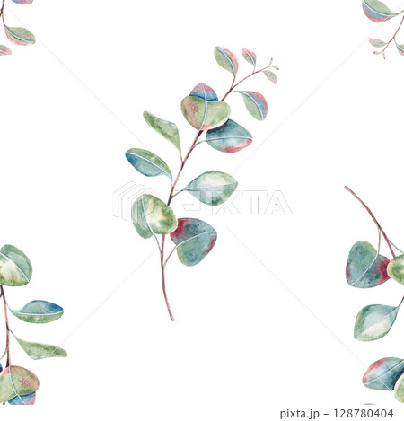 Seamless eucalyptus pattern, twigs with leaves, hand drawn watercolor branches isolated on white. Botanical pattern for packaging, printing, invitation, card, postcard, tags, wrapping, fabric, textile 128780404
