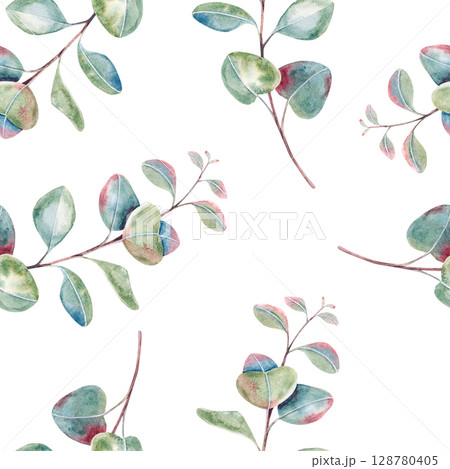 Seamless eucalyptus pattern, twigs with leaves, hand drawn watercolor branches isolated on white. Botanical pattern for packaging, printing, invitation, card, postcard, tags, wrapping, fabric, textile 128780405