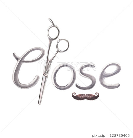 Inscription close crafted from metallic letters, scissors and mustache. Hand-painted watercolor illustration of signage board isolated on white. Perfect for barbershops, tailors, stylish storefronts Inscription close crafted from metallic letters, scissors and mustache. Hand-painted watercolor illustration of signage board isolated on white. Perfect for barbershops, tailors, stylish storefronts 128780406
