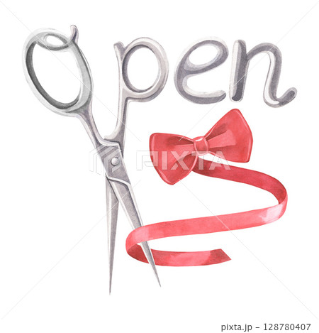 Inscription open crafted from metallic letters, scissors and bow tie, ribbon. Hand-painted watercolor illustration of signage board isolated on white for barbershops, tailors, stylish storefronts Inscription open crafted from metallic letters, scissors and bow tie, ribbon. Hand-painted watercolor illustration of signage board isolated on white for barbershops, tailors, stylish storefronts 128780407
