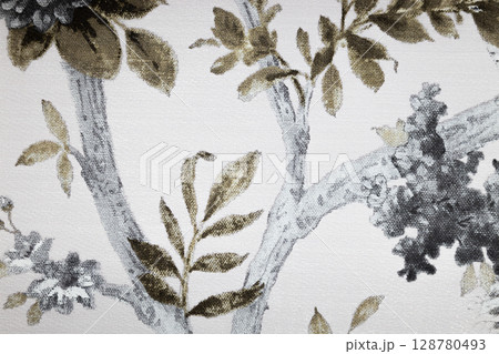 Vintage Botanical Toile Wallpaper with Grey and Olive Branches, Seamless Leaf Motif 128780493