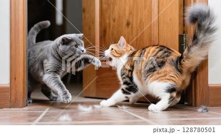Two angry cats fighting indoors near wooden door with fur flying on tiled floor in tense confrontation 128780501