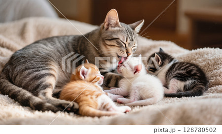 Tabby mother cat grooming her newborn kittens while they sleep peacefully on a soft beige blanket. Cozy and tender family moment. Tabby mother cat grooming her newborn kittens while they sleep peacefully on a soft beige blanket. Cozy and tender family moment. 128780502