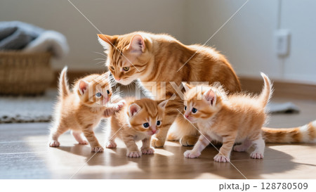 Ginger mother cat watches over her three playful orange kittens exploring the sunlit floor indoors. Sweet and active family scene. 128780509