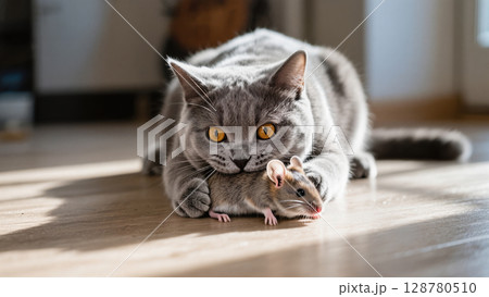 Gray cat with amber eyes holds a small mouse under its paws while staring intently on a wooden floor. Captured indoor hunting moment. 128780510