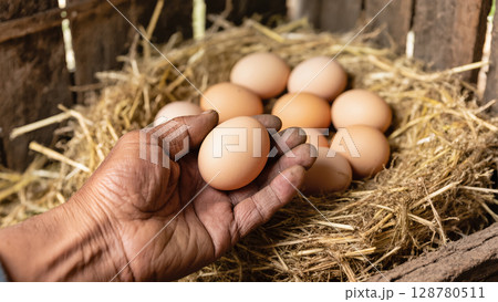Close-up of a hand holding a fresh brown egg over a nest filled with eggs in a rustic wooden chicken coop. Natural farming scene. 128780511