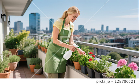 Young woman watering flowers in pots on balcony garden with city skyline in background during sunny day Young woman watering flowers in pots on balcony garden with city skyline in background during sunny day 128780521