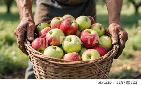 Farmer holding wicker basket full of freshly harvested red and green apples with water drops on a sunny orchard background Farmer holding wicker basket full of freshly harvested red and green apples with water drops on a sunny orchard background 128780522