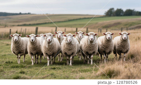 Group of white sheep standing on green pasture with hilly countryside landscape in background on cloudy day 128780526