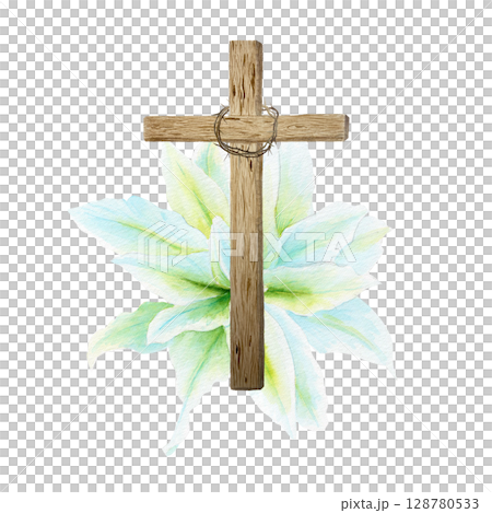 wooden cross with crown of thorns and soft floral lily background. Hand painted watercolor composition isolated on white background. Christian Easter and faith-themed design with delicate pastel tones wooden cross with crown of thorns and soft floral lily background. Hand painted watercolor composition isolated on white background. Christian Easter and faith-themed design with delicate pastel tones 128780533