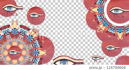Frame arabesque style, eye of Horus template, ancient ethnic ornament postcard. Abstract sacred lotus, red circles. Watercolor illustration isolated from background. For souvenir product, packaging Frame arabesque style, eye of Horus template, ancient ethnic ornament postcard. Abstract sacred lotus, red circles. Watercolor illustration isolated from background. For souvenir product, packaging 128780608