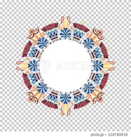 Ancient arabesque style. Round circle ornament with white template, frame. Geometric patterns, sacred lotus. Watercolor isolated illustration. African, Arab, Egyptian, Persian culture for decor, card Ancient arabesque style. Round circle ornament with white template, frame. Geometric patterns, sacred lotus. Watercolor isolated illustration. African, Arab, Egyptian, Persian culture for decor, card 128780616