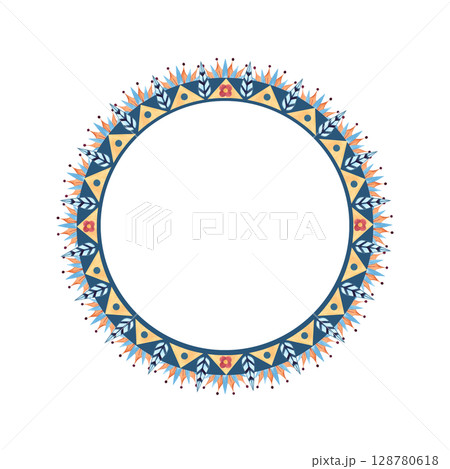 Arabesque frame with white template. Round circle ancient Arab, Islam ornament. Geometric abstract patterns. Watercolor isolated illustration. African, Egyptian, Persian culture for decor, postcard 128780618