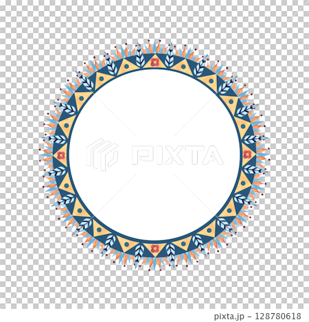Arabesque frame with white template. Round circle ancient Arab, Islam ornament. Geometric abstract patterns. Watercolor isolated illustration. African, Egyptian, Persian culture for decor, postcard 128780618