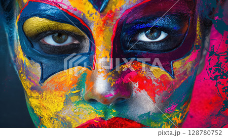 Vibrant face paint on person. Vibrant face paint on person. 128780752