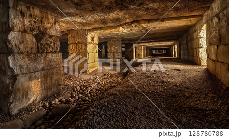 Ancient underground stone corridor. 128780788