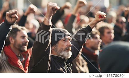 Crowd raising fists in solidarity. 128780804
