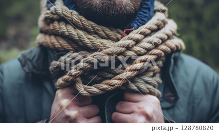 Man's neck wrapped in thick rope. 128780820