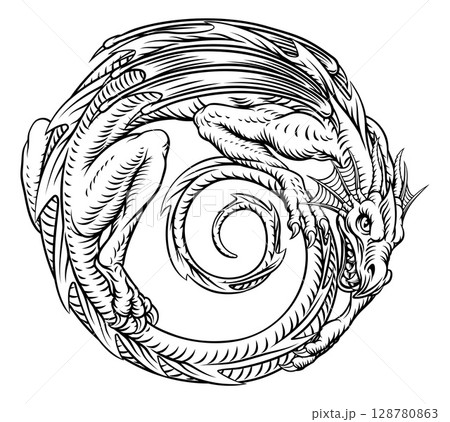 Dragon Circle Vintage Woodcut Myth Fantasy Design 128780863