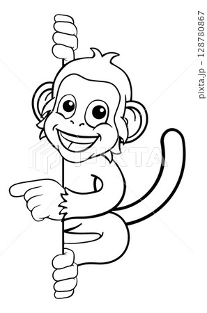 Monkey Cartoon Character Animal Pointing At Sign Monkey Cartoon Character Animal Pointing At Sign 128780867