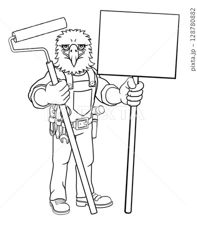 Eagle Painter Decorator Paint Roller Mascot Man 128780882